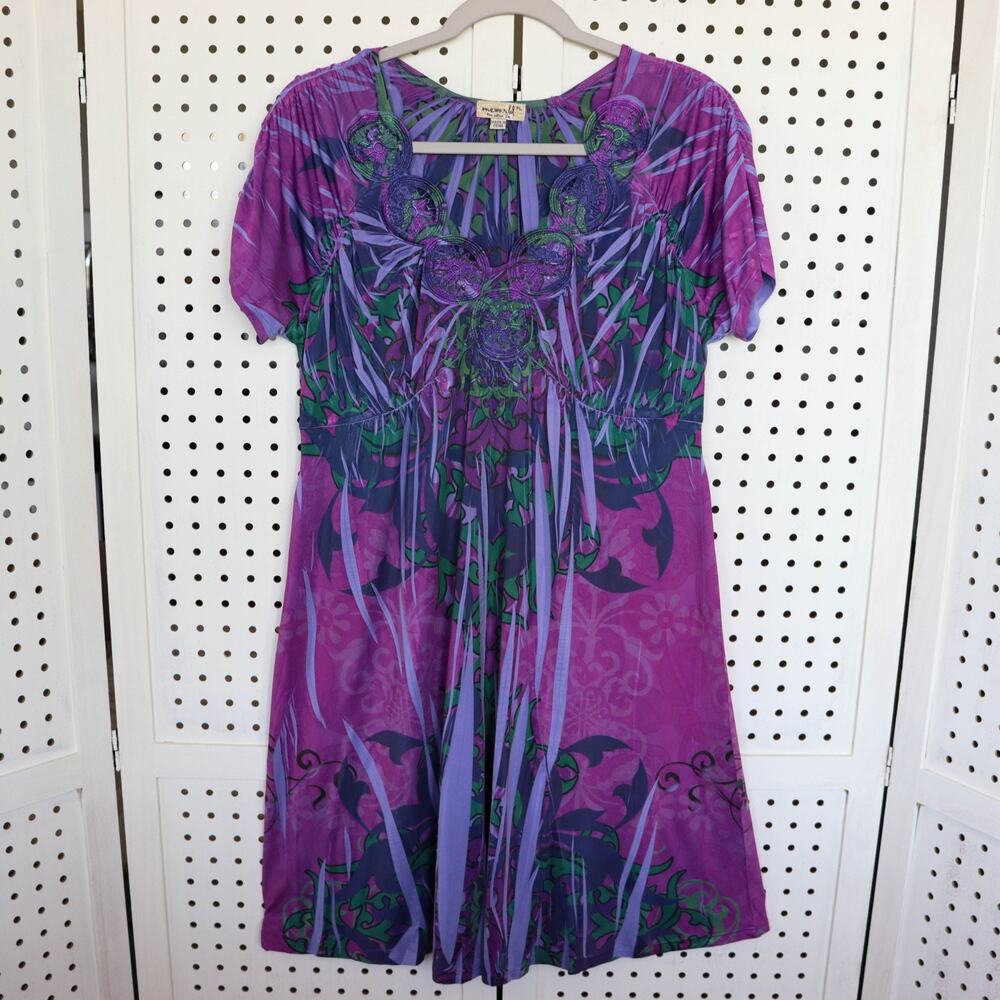 One World Live & Let Live Embroidered Medallion Purple Boho Dress Womens SIZE PL
